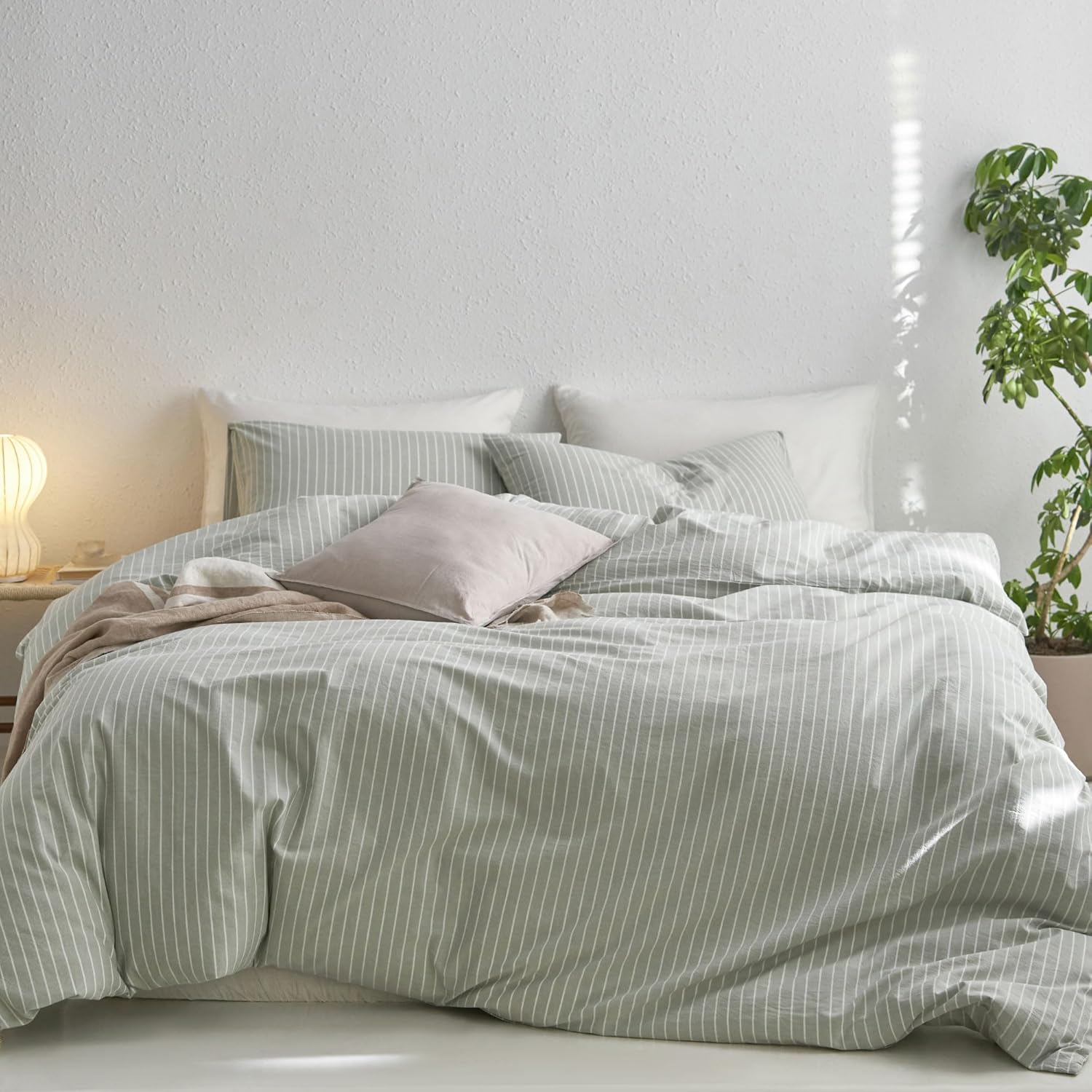 Yuelora Washed Cotton Duvet Cover Set, Sage Green Stripe, King Size