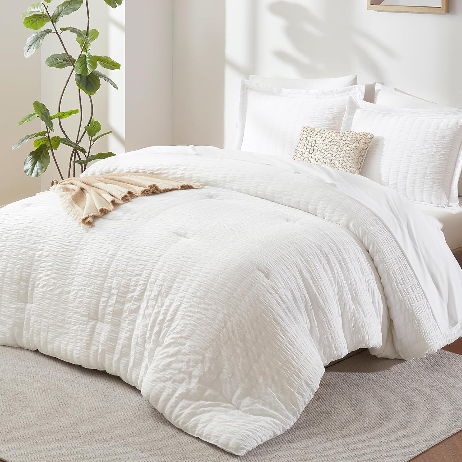 Yuelora Queen Bedding Set, 7 Pieces, Brown Seersucker Comforter Set