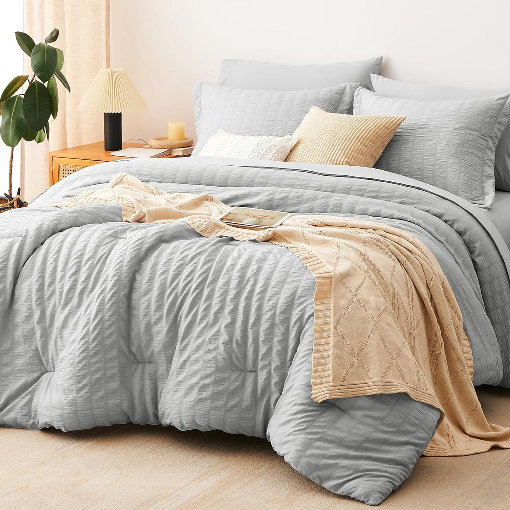 Yuelora Queen Bedding Set, 7 Pieces, Brown Seersucker Comforter Set