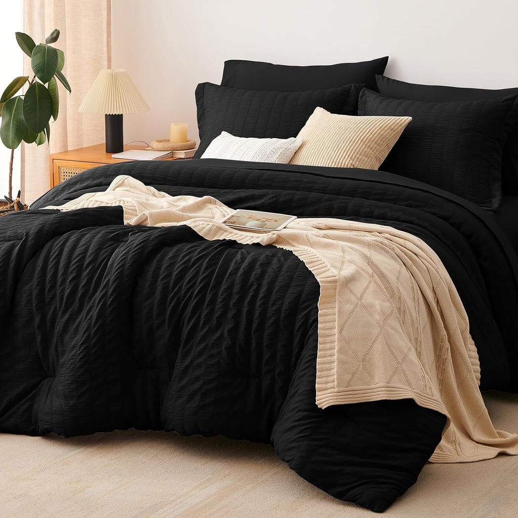 Yuelora Queen Bedding Set, 7 Pieces, Brown Seersucker Comforter Set